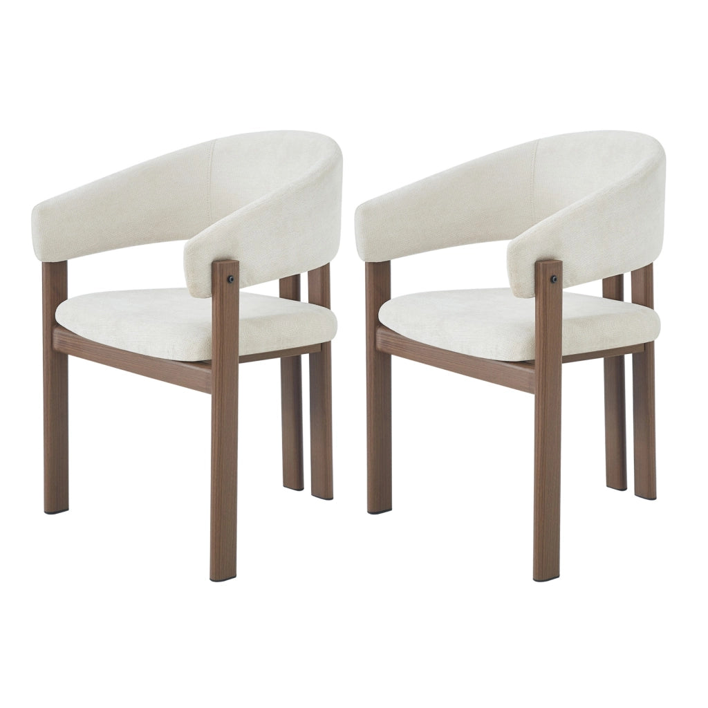 Sedia da pranzo, set da 2, gambe in metallo effetto legno, lino, colore noce e beige