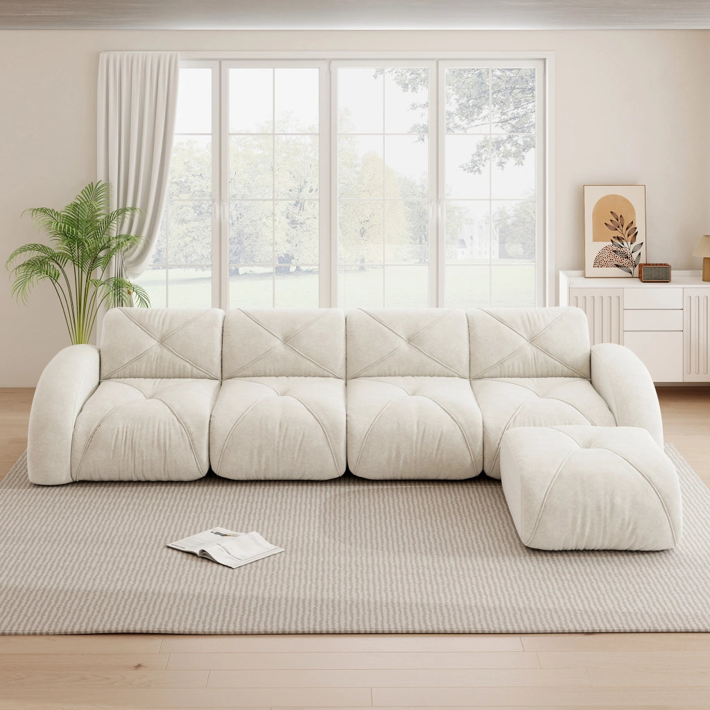 Divano angolare modulare in ciniglia con seduta morbida e base antiscivolo beige chiaro
