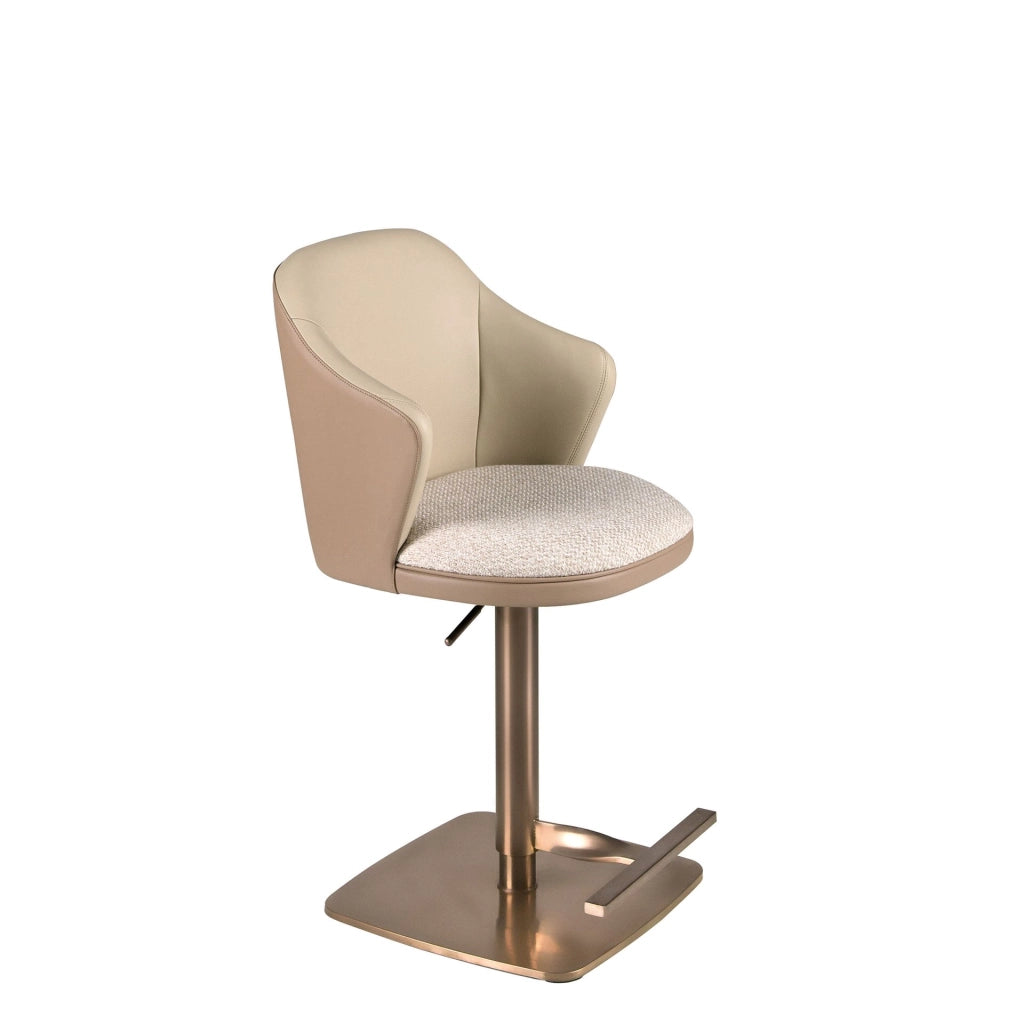 Sgabello girevole in tessuto crema screziato e similpelle marrone