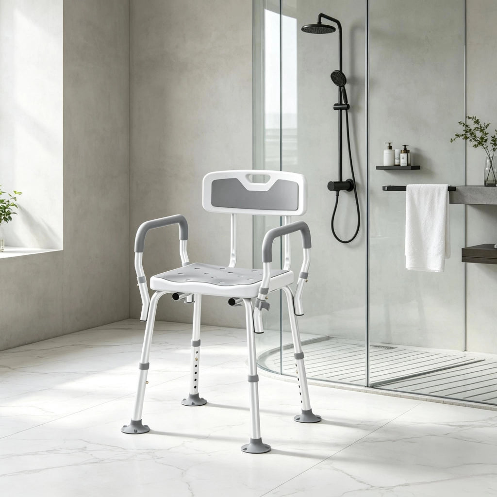 Sedia da doccia regolabile con schienale e braccioli, in alluminio e HDPE grigio