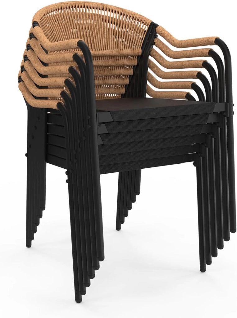 Set di mobili da Giardino Madeira Tavolo 150 cm e 6 sedie in Corda e textilene Nero e Rattan Chiaro