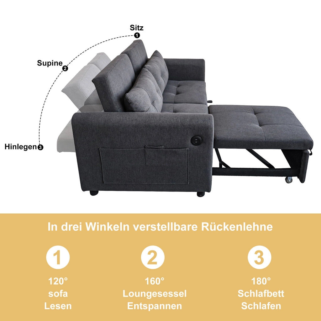 Divano letto 2 posti con schienale regolabile; porte USB; tasche laterali e cuscini; in cotone e lino grigio