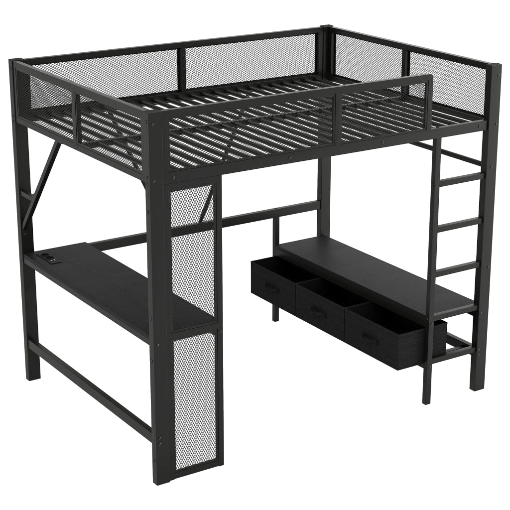 Letto a Soppalco 140x200 cm; Letto Singolo - USB; LED; Scrivania e 3 Cassetti
