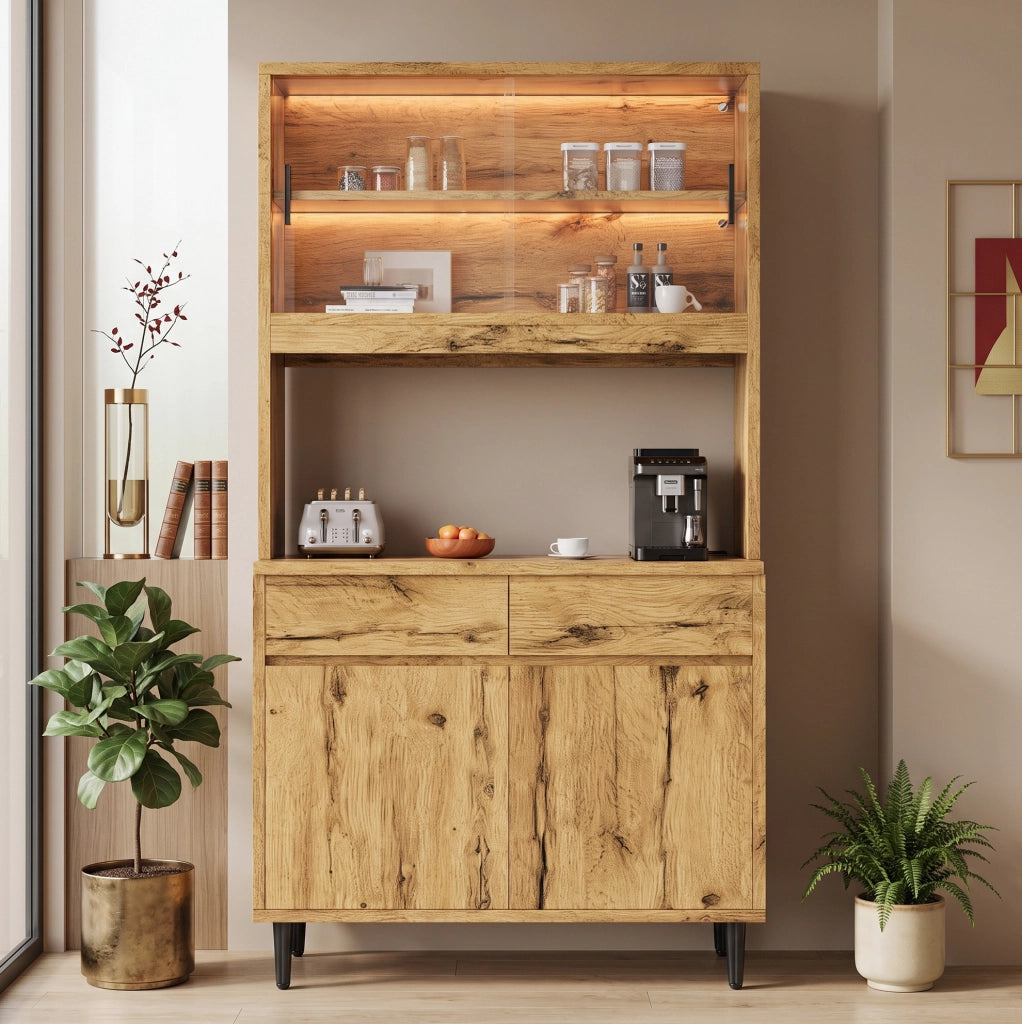Mobile buffet con illuminazione LED, prese integrate USB-C e USB-A, 100x40x185 cm, colore quercia