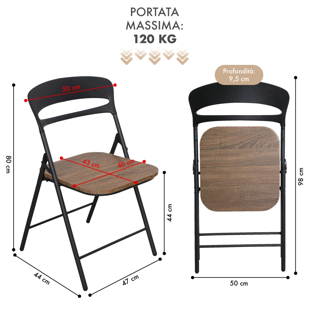 Set di 4 Sedie Pieghevoli Moderne Struttura in Metallo Verniciato a Polvere, Seduta in Legno e Schienale in Polipropilene Eleganti, Resistenti e Confortevoli,Portata 120 kg Marrone
