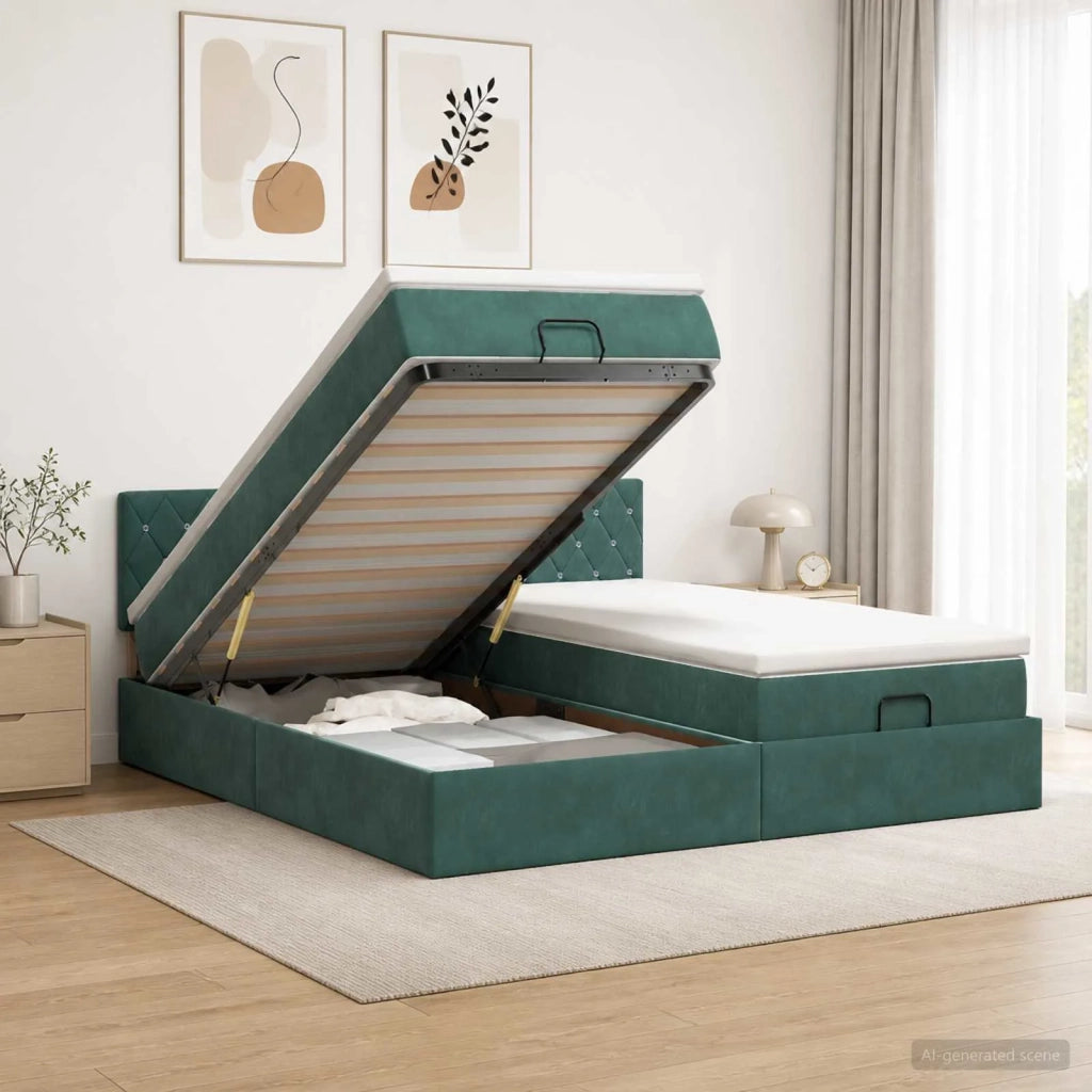 Letto Ottomano con Materasso e LED Verde Scuro 180 x 200 cm 3457317