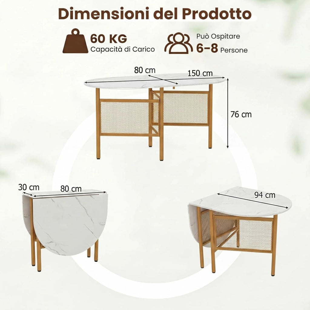Tavolo da Pranzo Pieghevole per 6-8 Persone, Tavolo Consolle Estensibile Salvaspazio con Ali Ribaltabili con Ganbe in Metallo per Cucina e Soggiorno, 150 x 80 x 76 cm (Bianco)