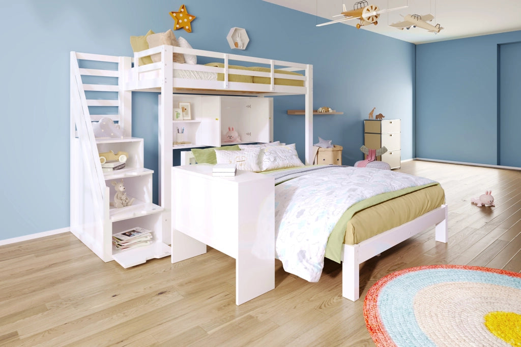 DESMIU Letto a castello 90 × 200 cm e 140 × 200 cm 2 posti con ripiani, senza materasso, in legno massiccio e MDF, bianco