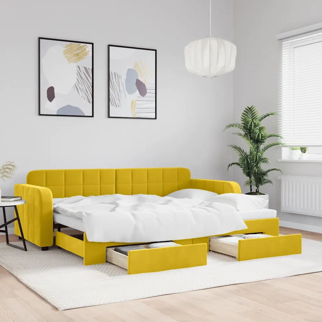Divano Letto Estraibile con Cassetti Giallo 80x200cm in Velluto