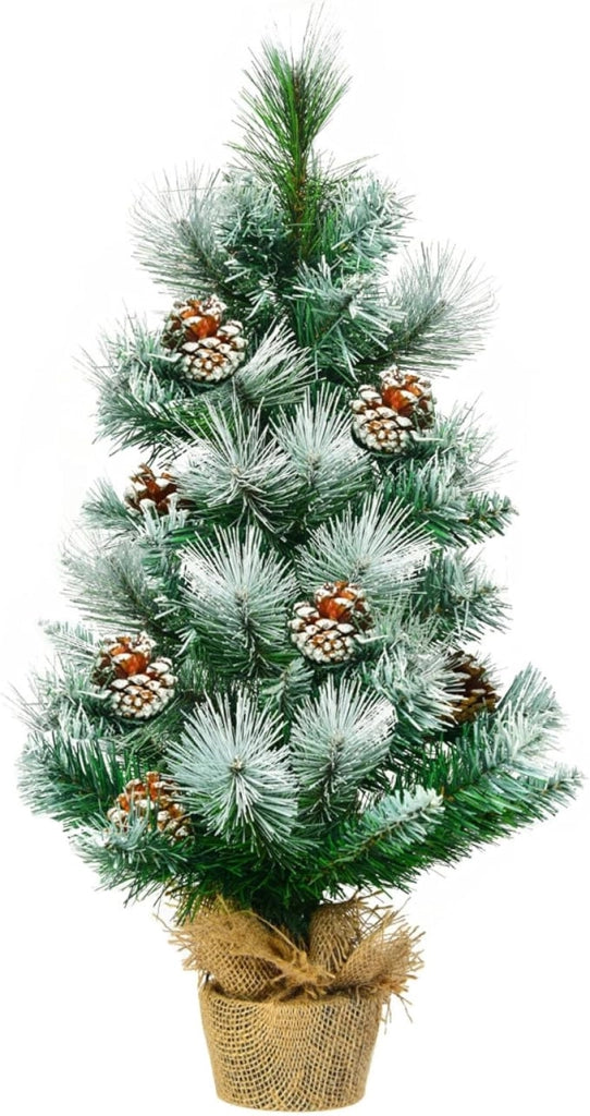 Mini Albero di Natale 60 cm, Albero di Natale Piccolo con 48 Rami, 8 Pigne, Base in Cemento e Lino, Albero di Natale Innevato da Tavolo per Casa e Ufficio, Verde