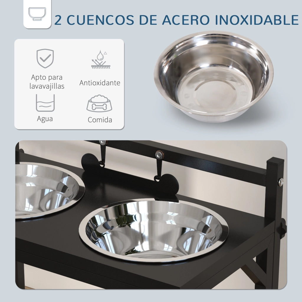 Ciotola Rialzata per Cani con 2 Ciotole Acciaio Inox Altezza Regolabile ¨C Xylo ¨C 40,5x22x39 cm Nero