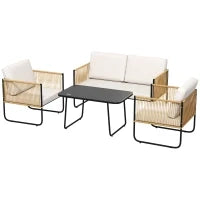 Set da Giardino 4 Pezzi in Rattan e Acciaio con Divanetto, 2 Poltrone da Esterno e Tavolino Basso, Multicolore