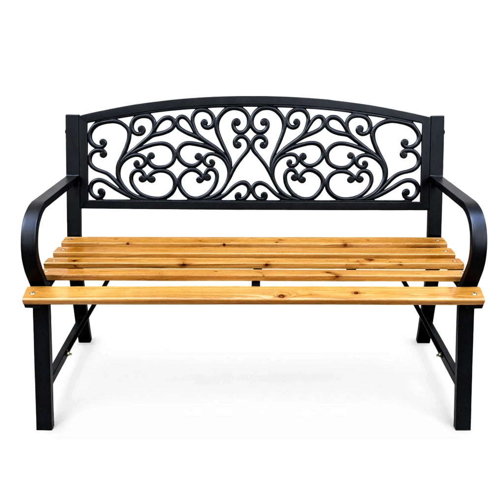 Panchina da giardino nera NERINA con legno laccato e gambe in ghisa larghezza 118 cm