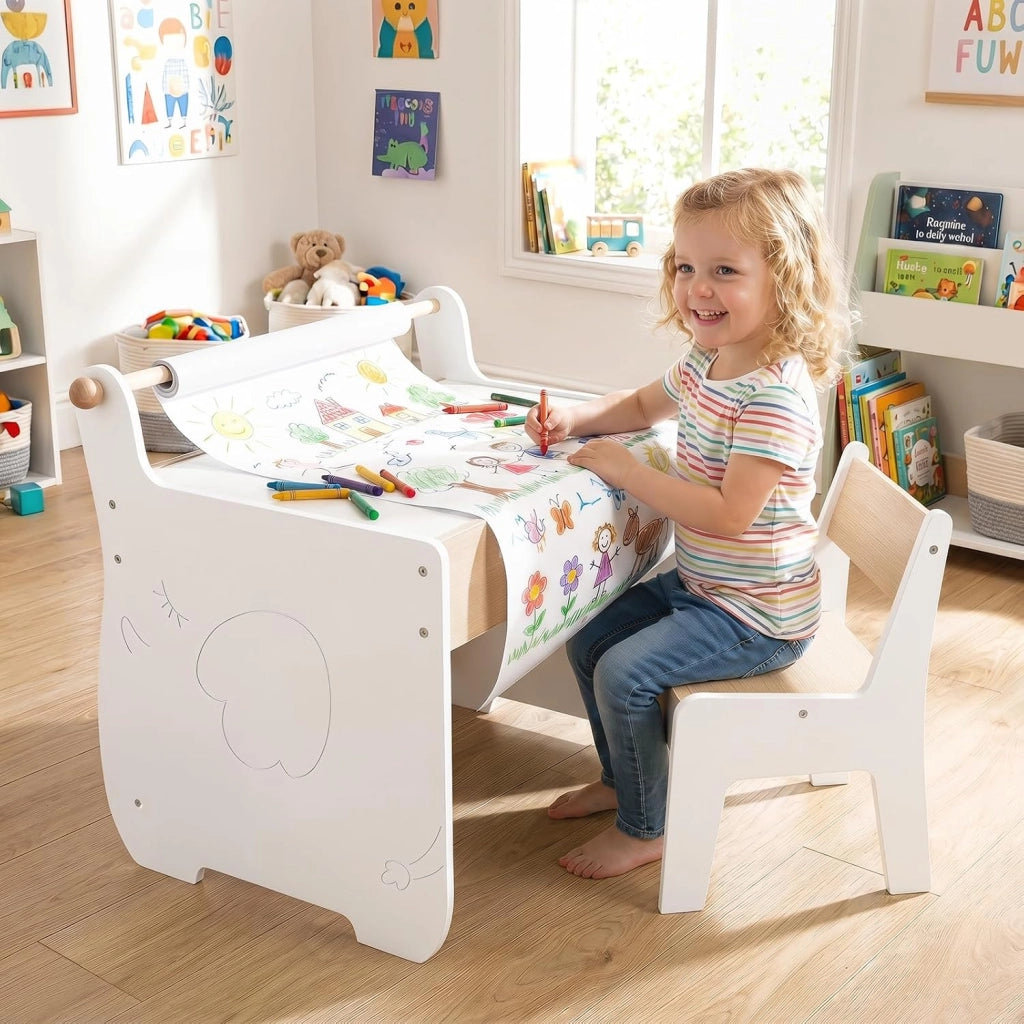 Set Tavolo e Sedia per Bambini 2 in 1, Set con Scrivania e Sedia in Legno per Bambini con Piano Rimovibile, Spazio di Archiviazione e Porta Rotolo di Carta per Aula e Cameretta (Bianco)