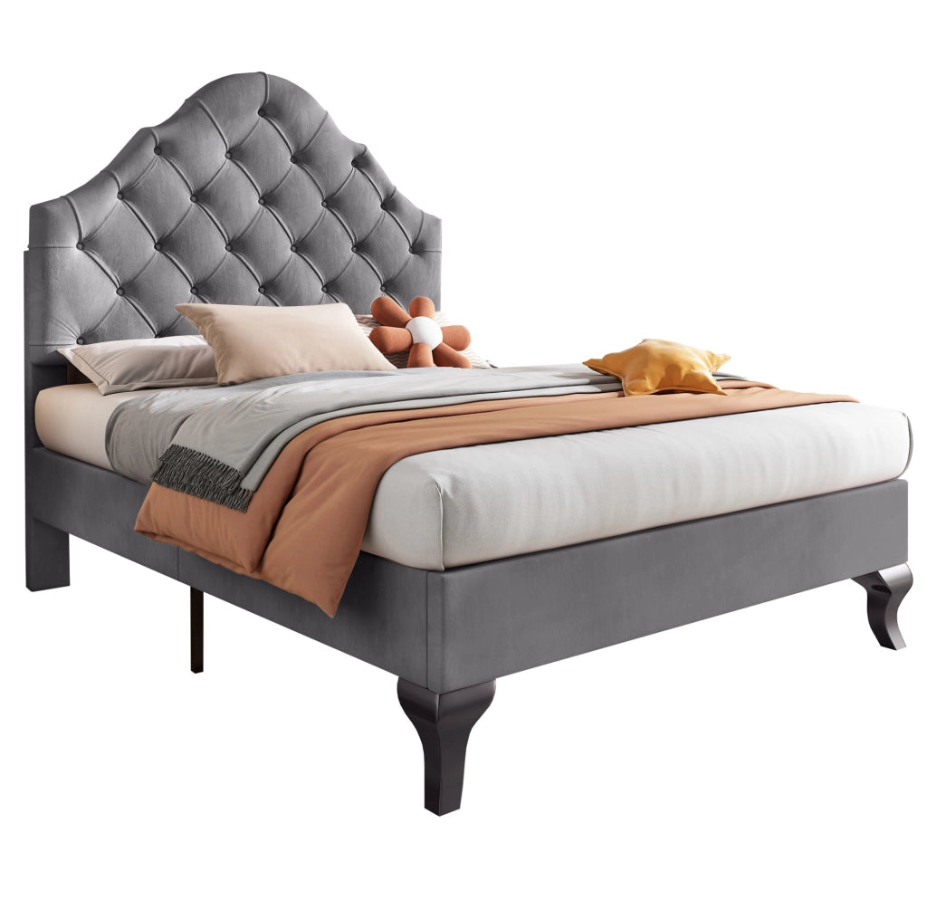 Letto imbottito singolo 90x200 cm in velluto grigio con testiera imbottita e rete a doghe