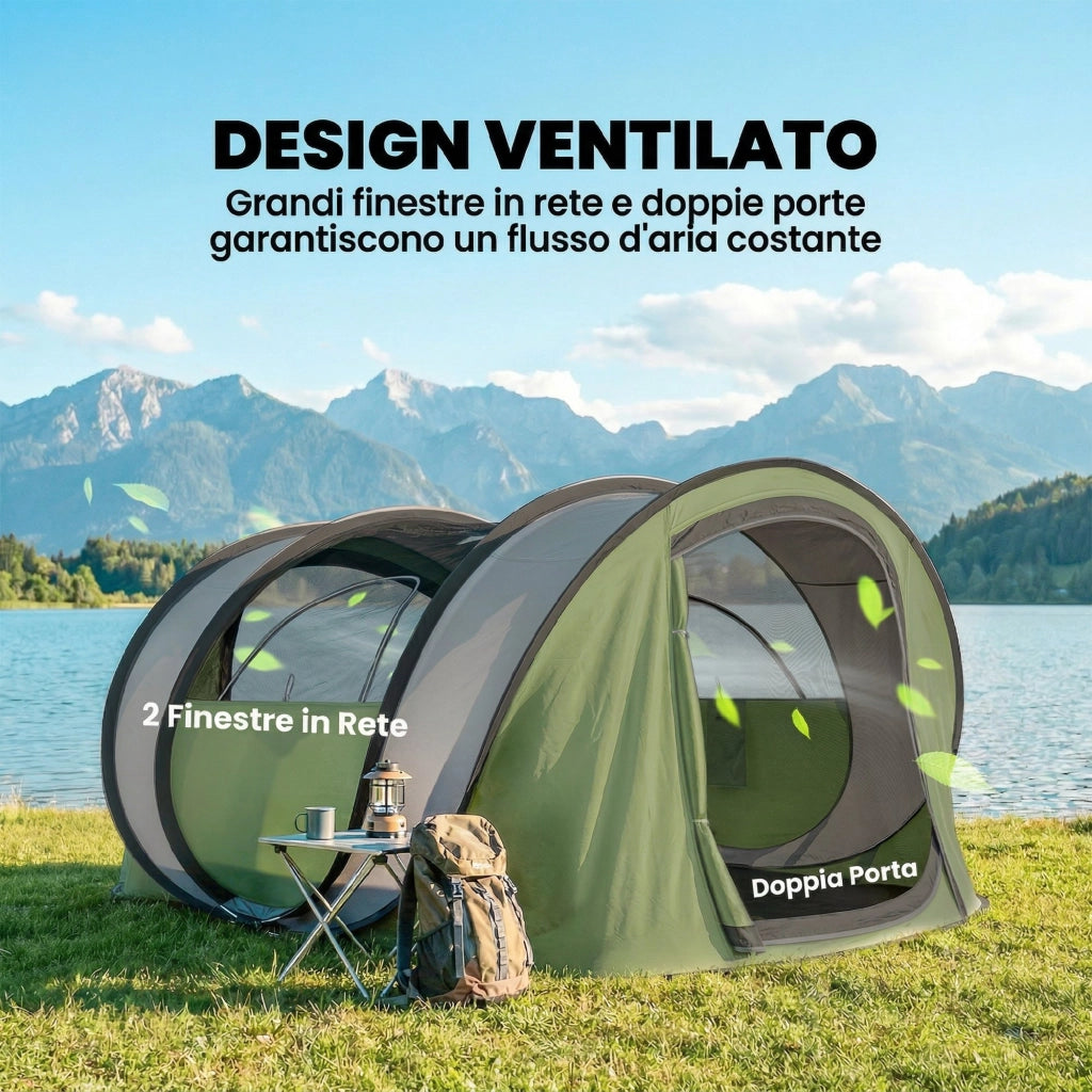 Tenda da Campeggio Pop-Up-Tenda per Escursionismo  4-5 Persone, 2 Porte, 2 Finestre, Impermeabile, Verde