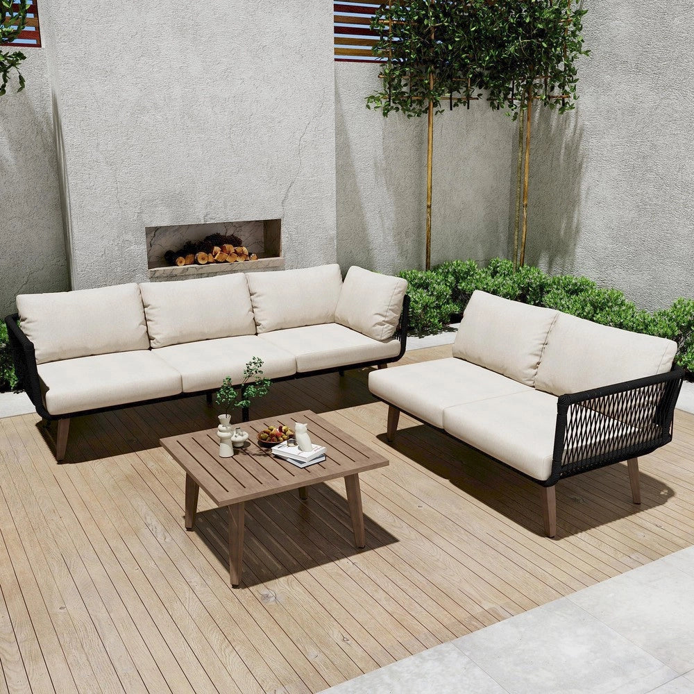 Set Divano da Giardino con Tavolino ¨C Xylo ¨C Acciaio, Corda, Beige e Nero