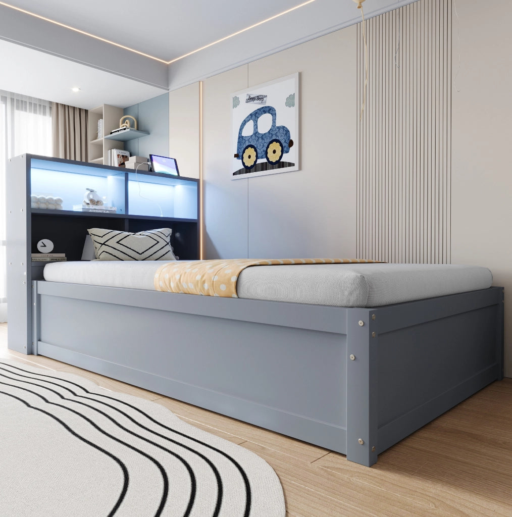 Letto multifunzionale 90x200 cm con LED, prese integrate e vani in grigio