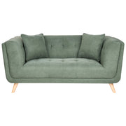 Divano a 2 posti in tessuto con cuscini decorativi, gambe in legno e trapuntatura decorativa, stile retrò, verde