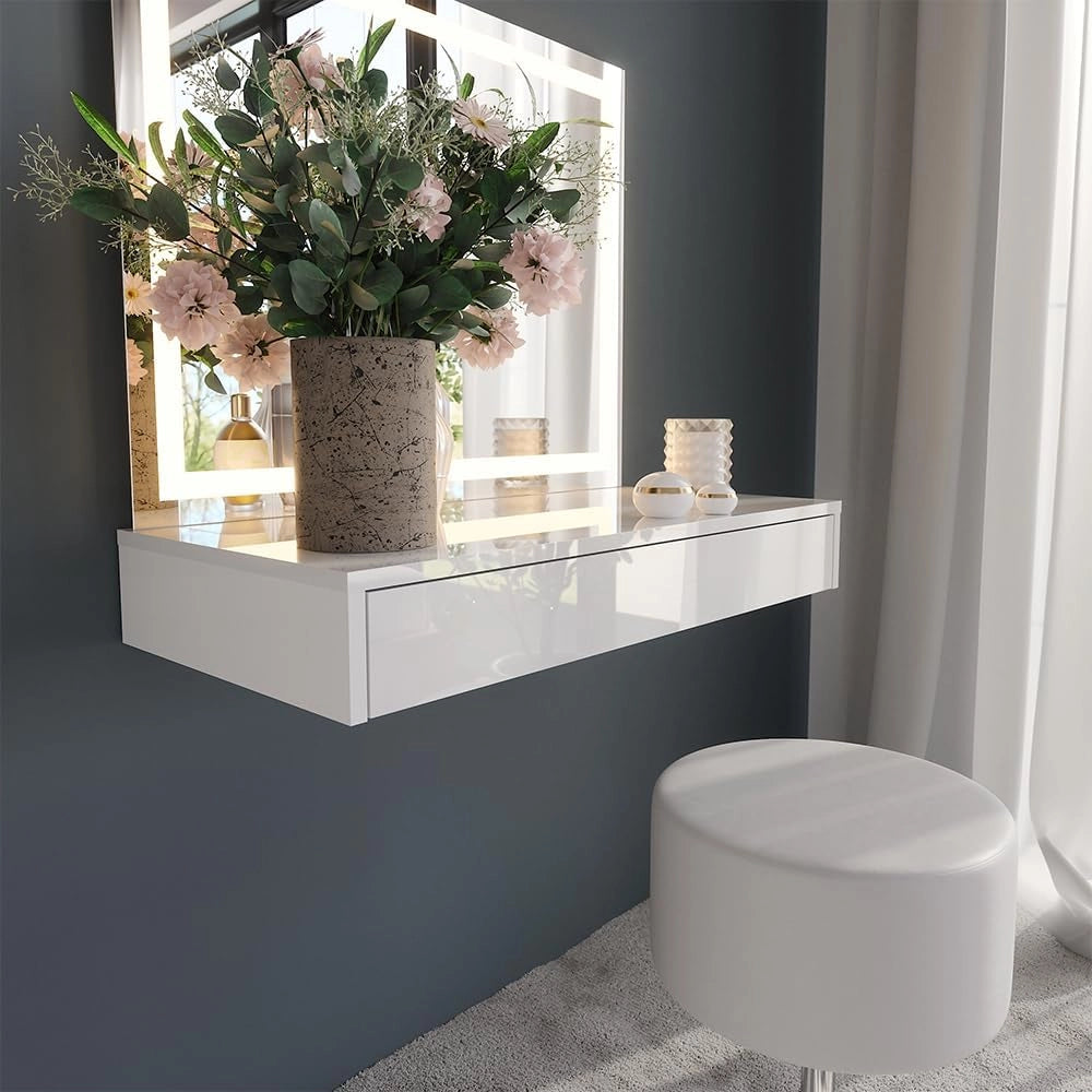 Tavolo da toeletta Sherry, Bianco/bianco lucido, 120 cm 3 parti, con illuminazione LED e specchio integrato