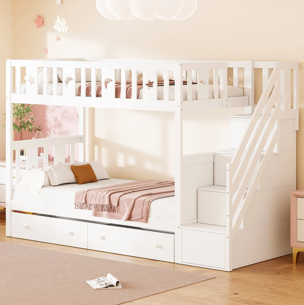 Letto a castello 90x200 cm in legno con scala contenitore e 2 cassetti