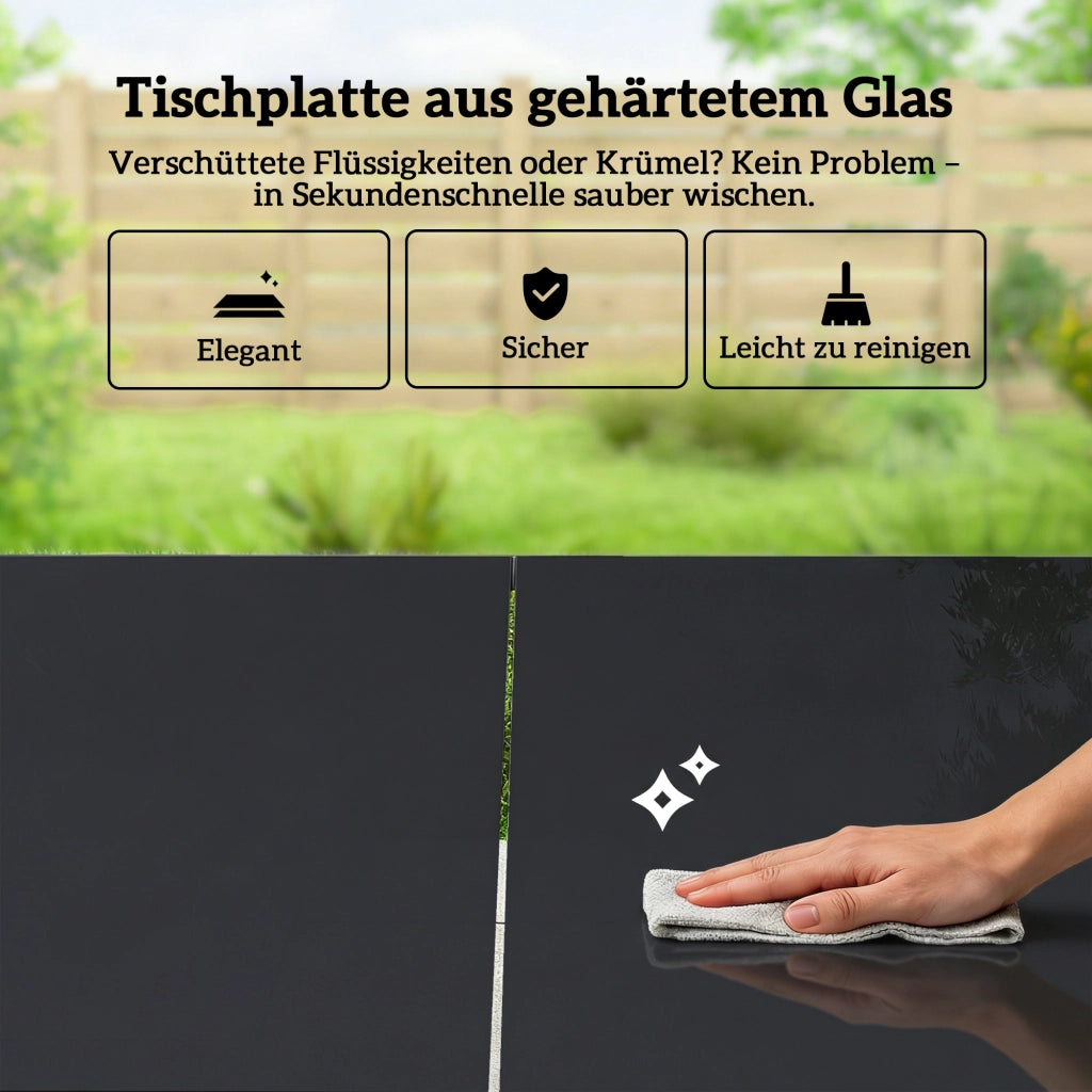 Mobili da giardino: tavolo di vetro 150x80 cm + 6 sedie travolgenti; braccioli decorativi; nero