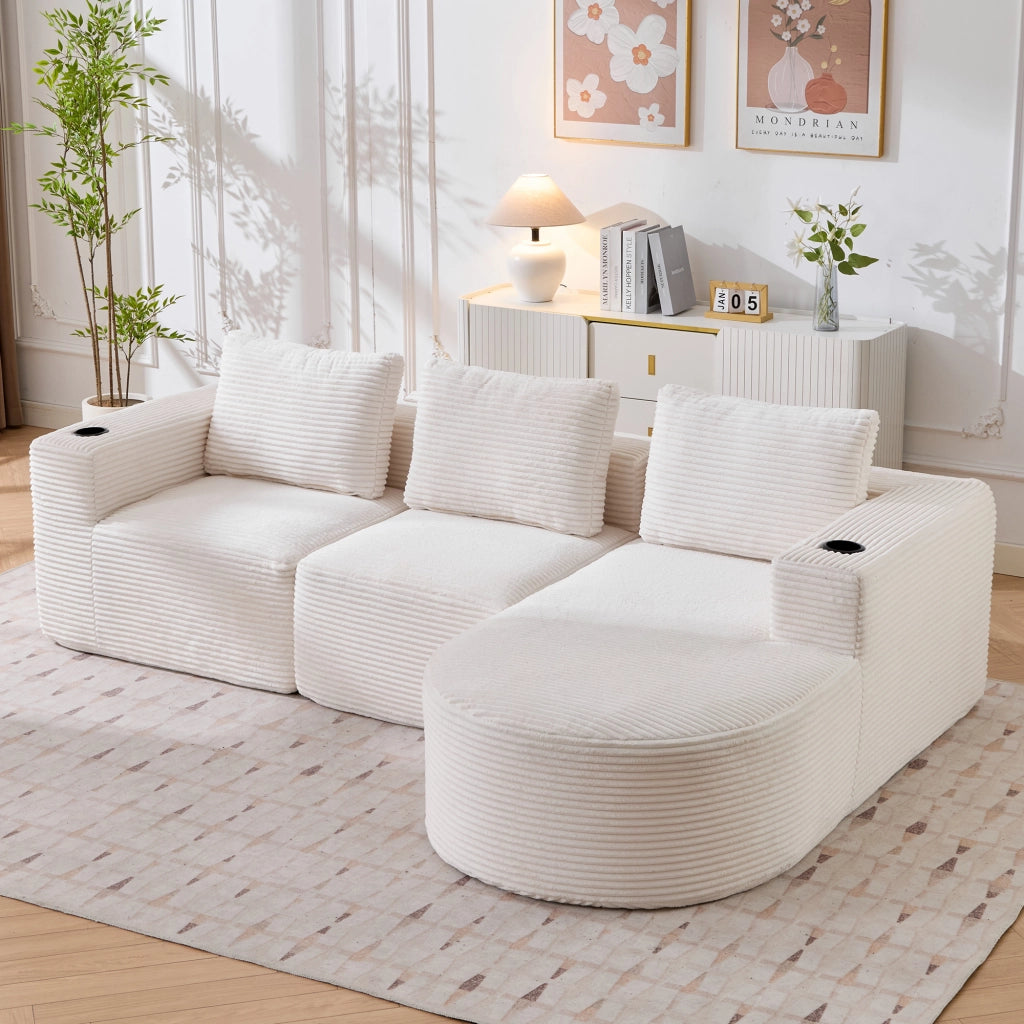 Divano lineare 2 posti con 3 cuscini e 2 portabicchieri, tessuto in poliestere, Beige 265 cm