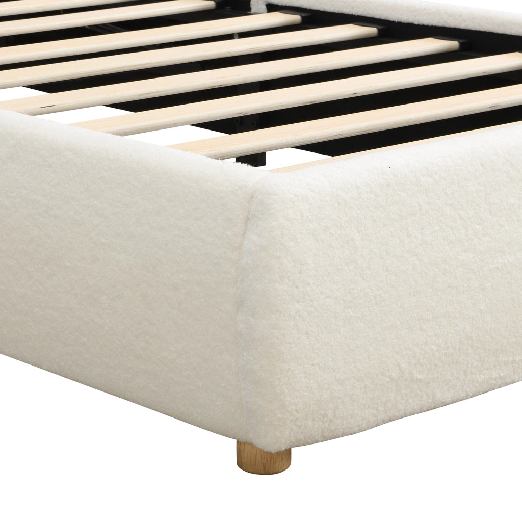 Letto imbottito con contenitore idraulico; LED e rete a doghe; bouclé bianco