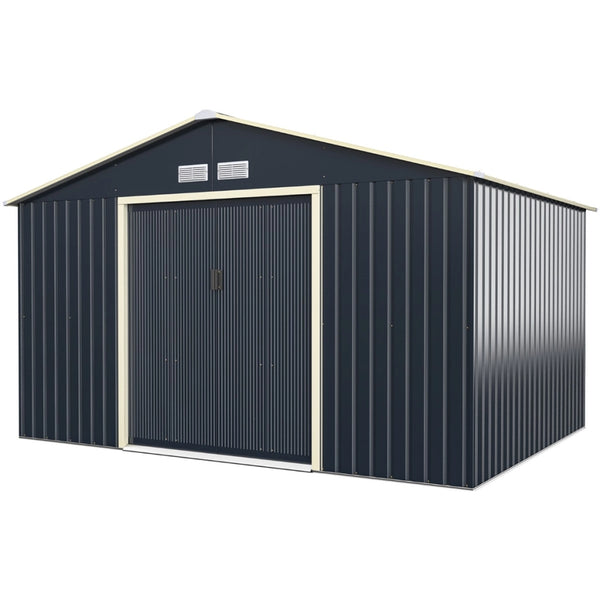 Capanno degli attrezzi di metallo con 4 sfiati e ante singole scorrevoli, Casetta da giardino 340x255x210cm-Casette da giardino
