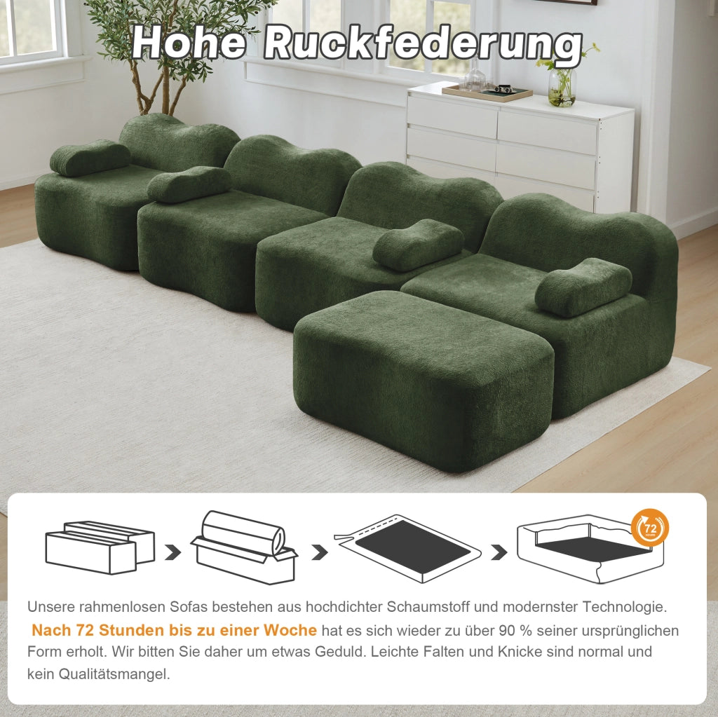 Divano angolare modulare 4 posti con pouf 384x167x70 cm in velluto verde