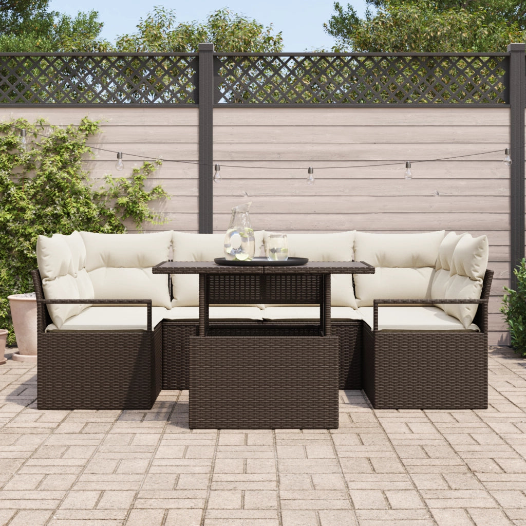 Set di Divani da Giardino 7 Pezzi con Cuscini Marrone Rattan Polietilene