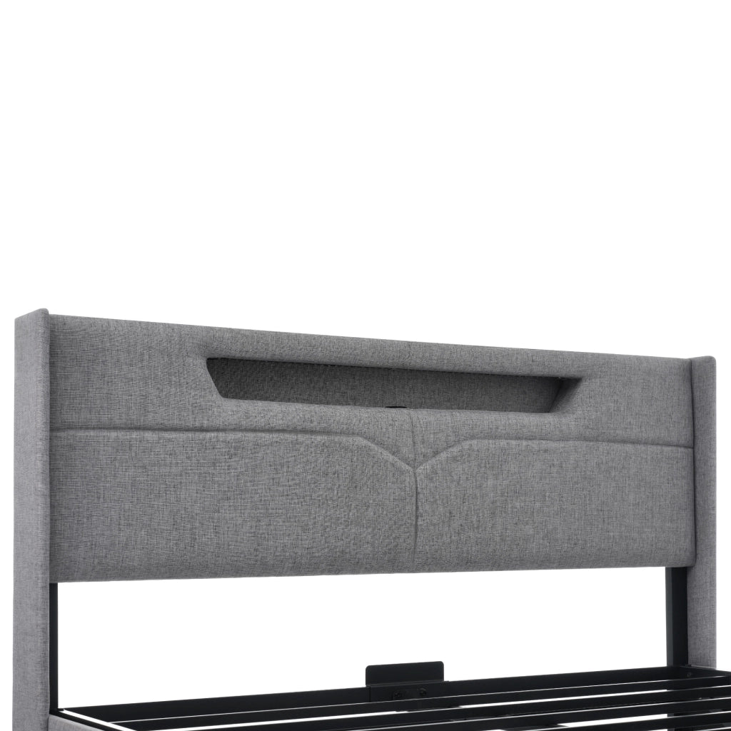 Letti contenitori 140x200 cm con LED e contenitore; lino grigio (Senza materasso)