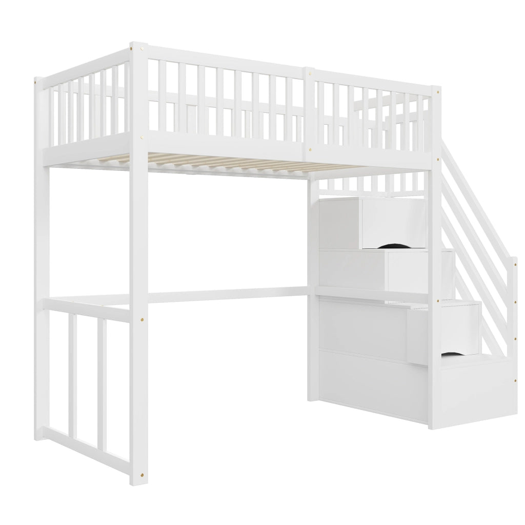 Letto a soppalco 90x200 cm con scala contenitore; legno; bianco (Senza materasso)