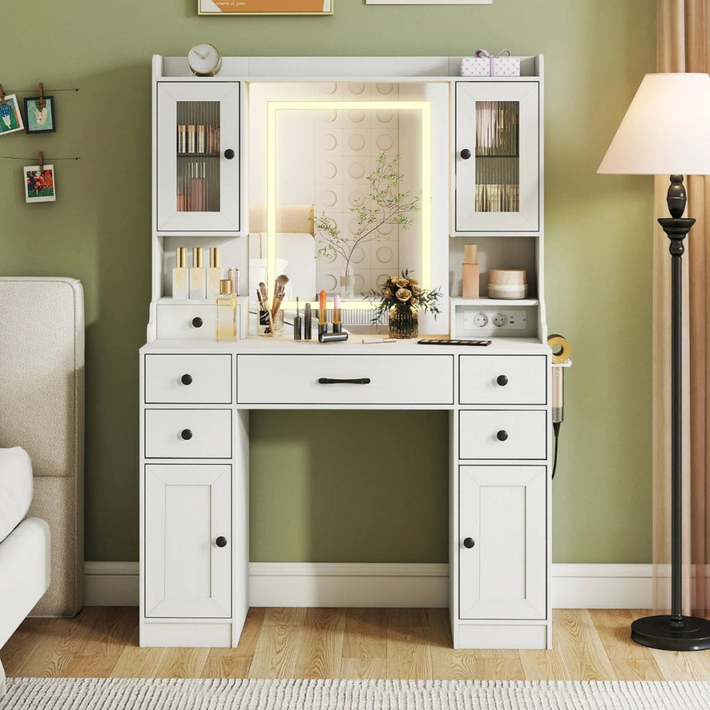 Tavolo trucco con prese di corrente e luminosit¨¤ regolabile, Scrivania trucco con porta asciugacapelli e cassetti