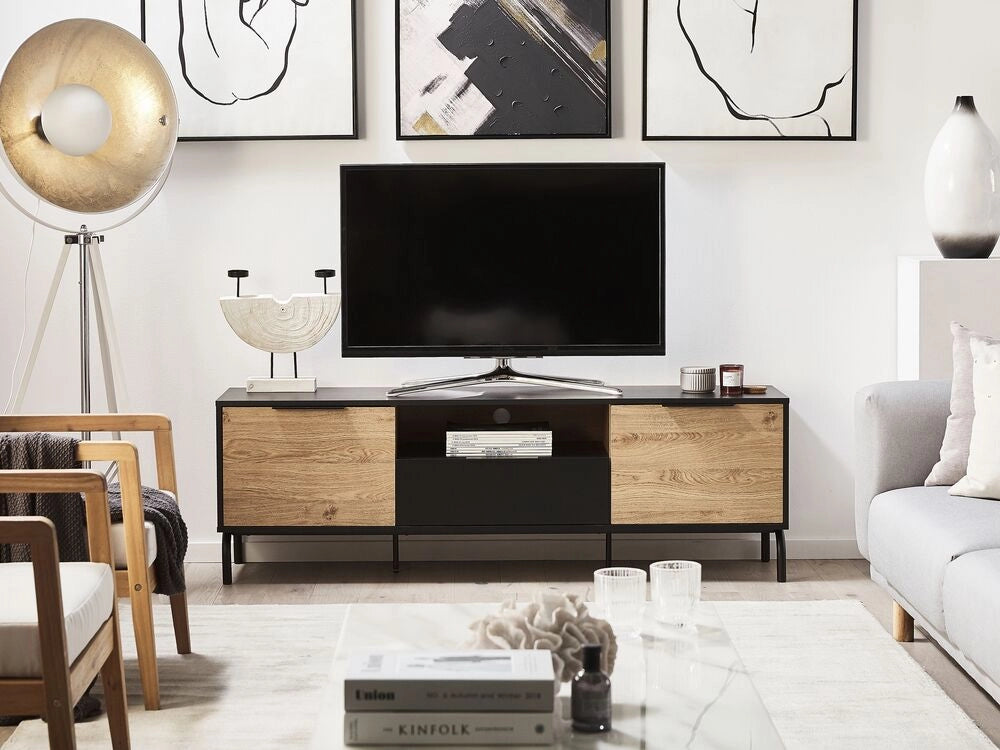 Mobile TV Gambe in metallo in truciolare di legno Nero e chiaro per TV fino a 70'' con funzione di archiviazione nel cassetto