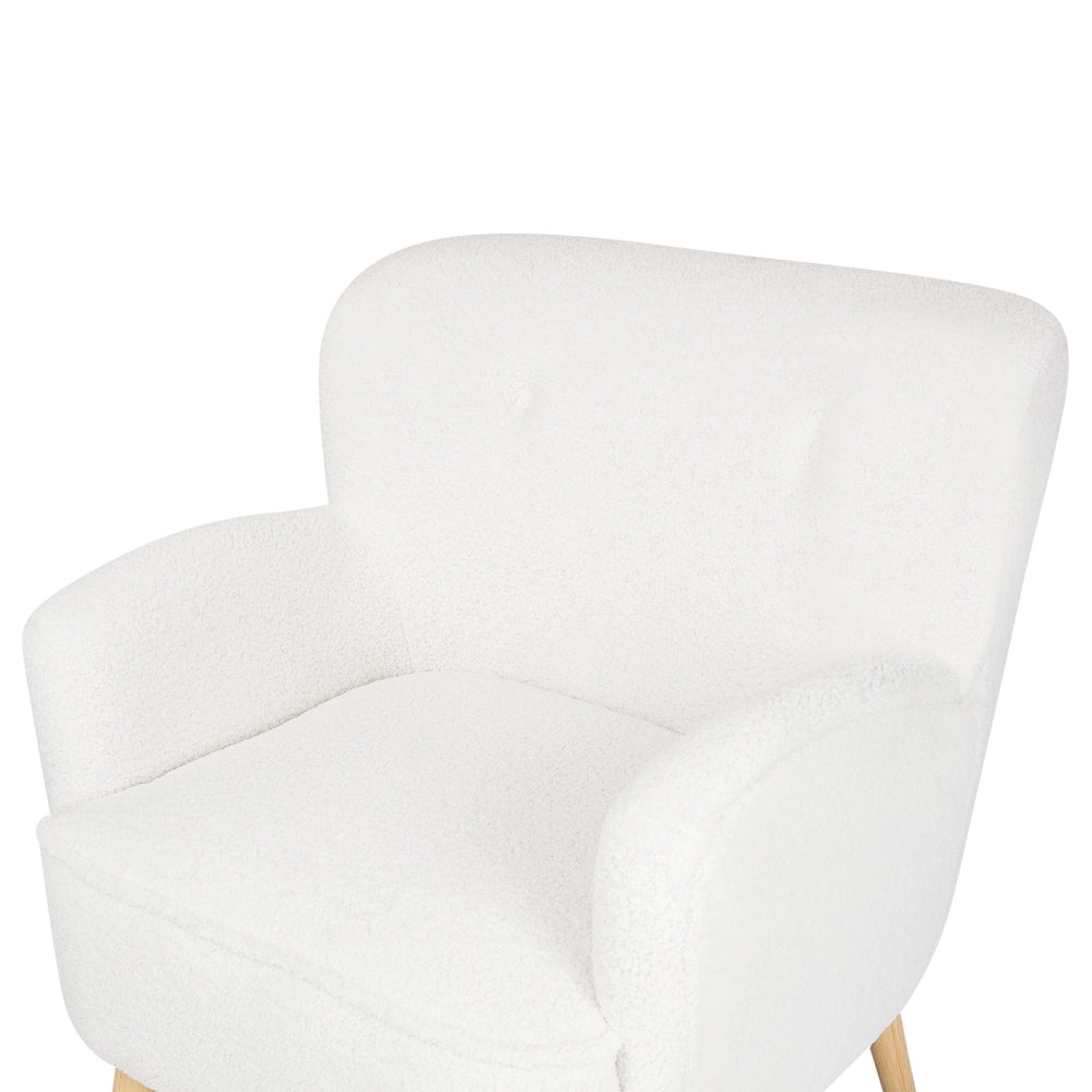 Poltrona Boucle bianco Rivestimento poggiapiedi Gambe in legno Motivo solido Retro Boho Soggiorno