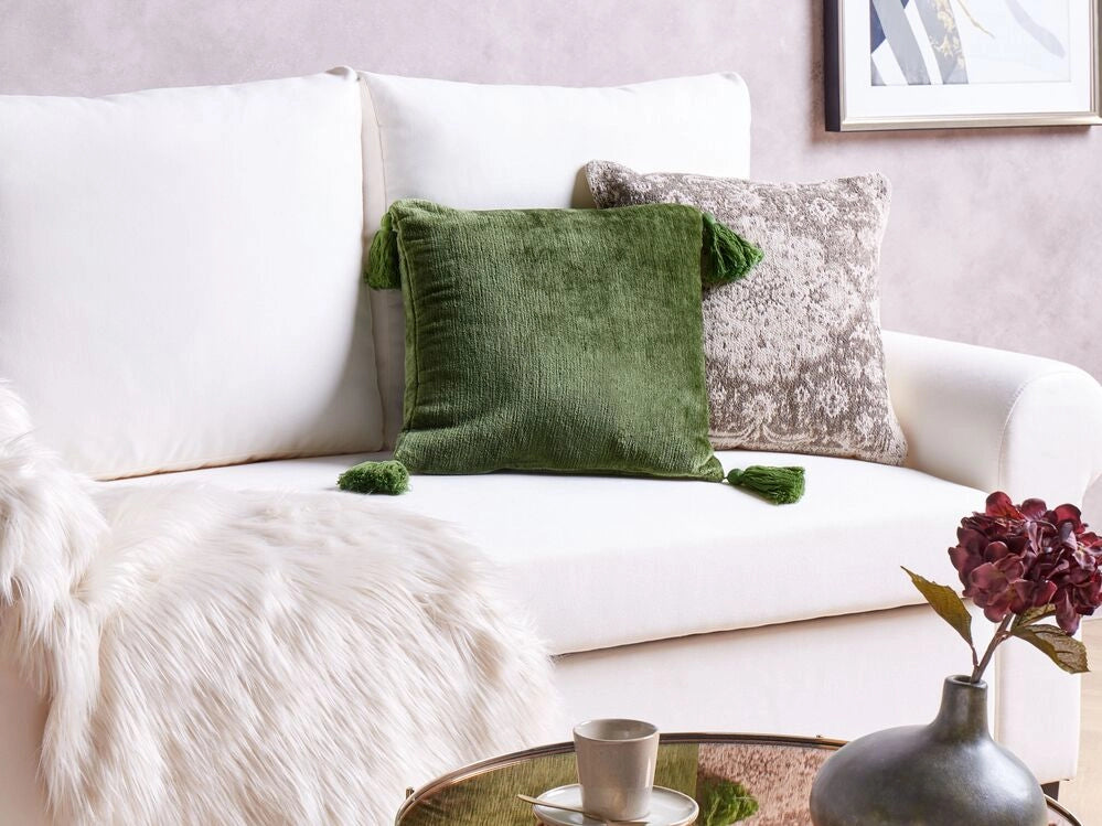 Cuscino in velluto decorativo verde con nappe quadrato 45 x 45 cm camera da letto soggiorno