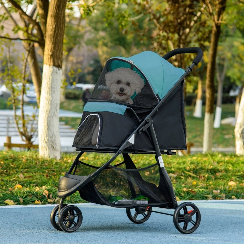 Carrello pieghevole per animali con 4 ruote, freni, sacca inferiore, copertura antipioggia, in poliestere nero e blu