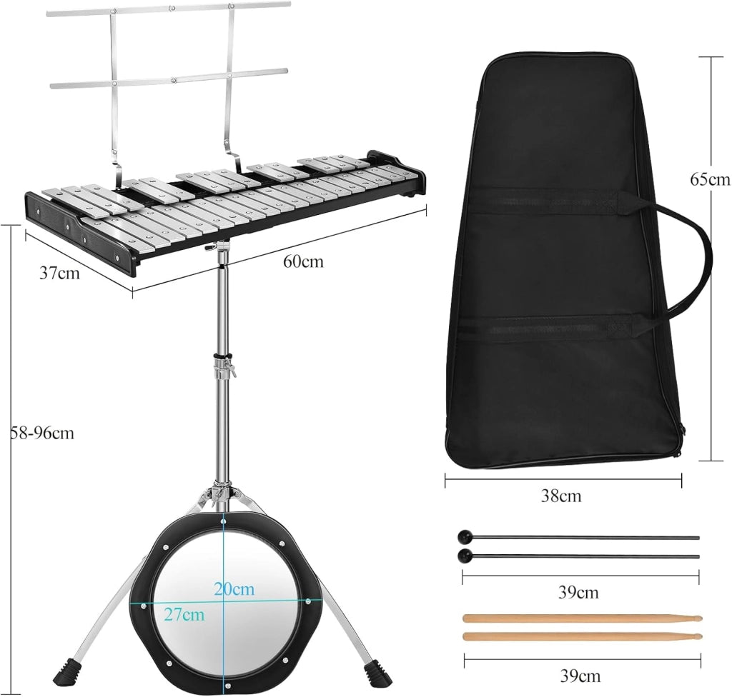 Set con supporto regolabile in altezza, 32 note xilofono con 1 paio di bacchette e bacchette per batteria e 1 tamburo per esercizi a 8 angoli, per bambini, adulti
