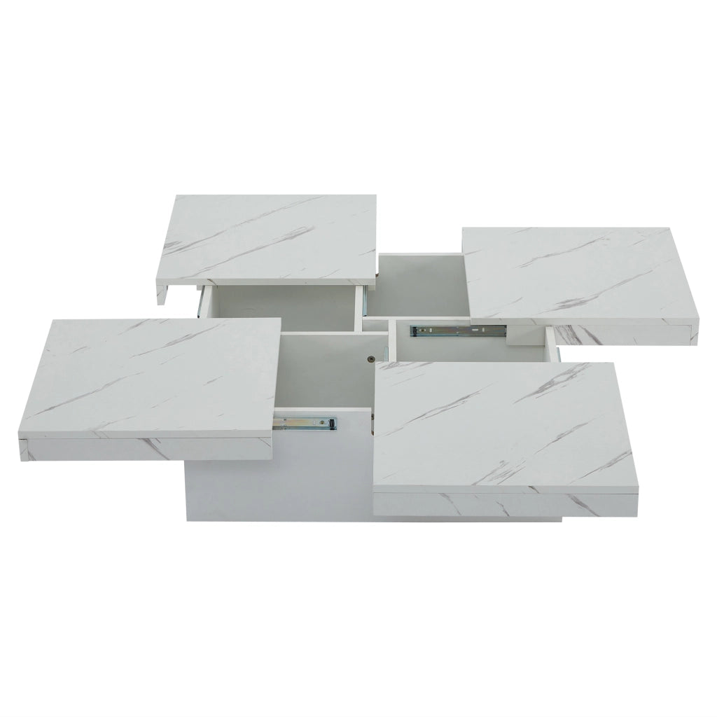 Tavolino da caff¨¨ quadrato moderno bianco con effetto marmo, 90 x 90 x 25 cm, 4 cassetti, piano scorrevole, portata fino a 30 kg