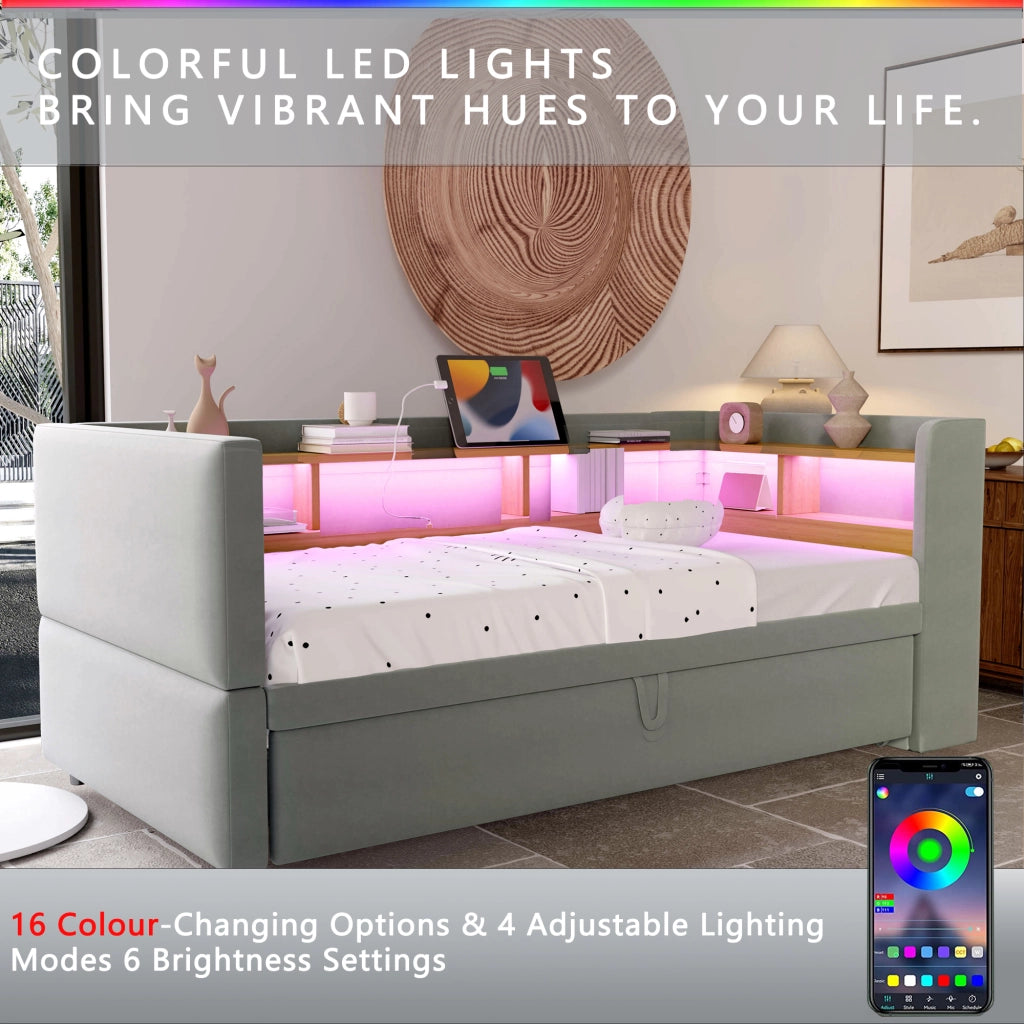 Letto estraibile singolo 90×190 cm e 180×190 cm con LED; prese e ripiani; senza materasso; grigio chiaro