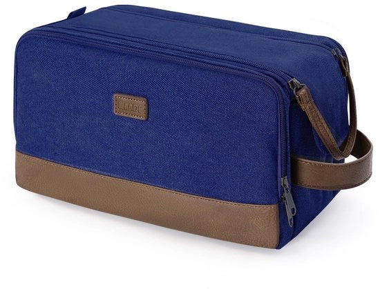 Toilette per uomo, borsa da viaggio, confezione di schiarentas in canvas e pelle PU, set di schiarentas impermeabile per accessori da viaggio (blu, richiesta di verniciatura in pelle)