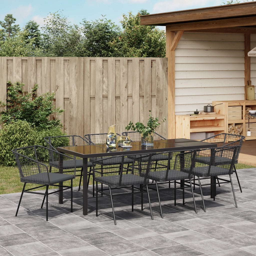 Set da Pranzo da Giardino 9 Pezzi con Cuscini in Polyrattan Nero