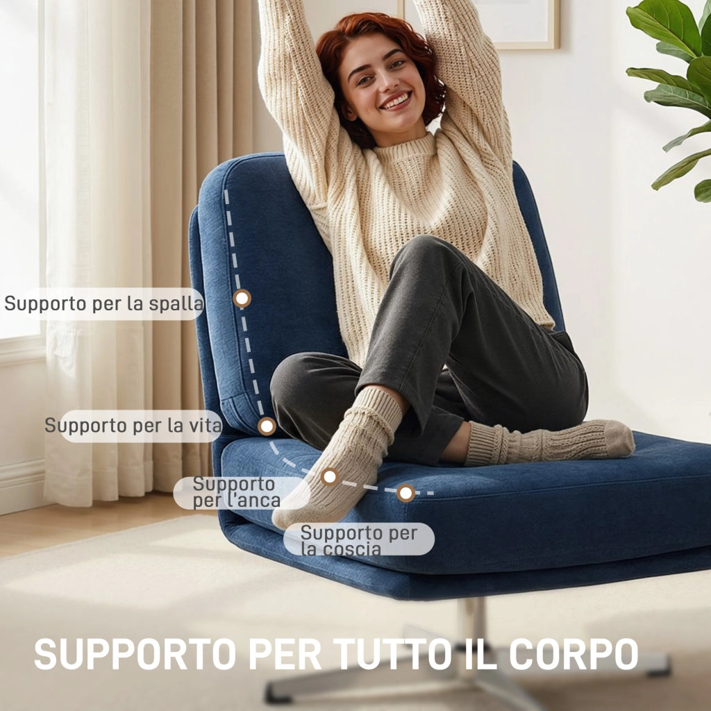 Poltrona da Salotto Girevole con Seduta Larga e Gambe in Metallo Rivestita in Ciniglia Blu Scuro