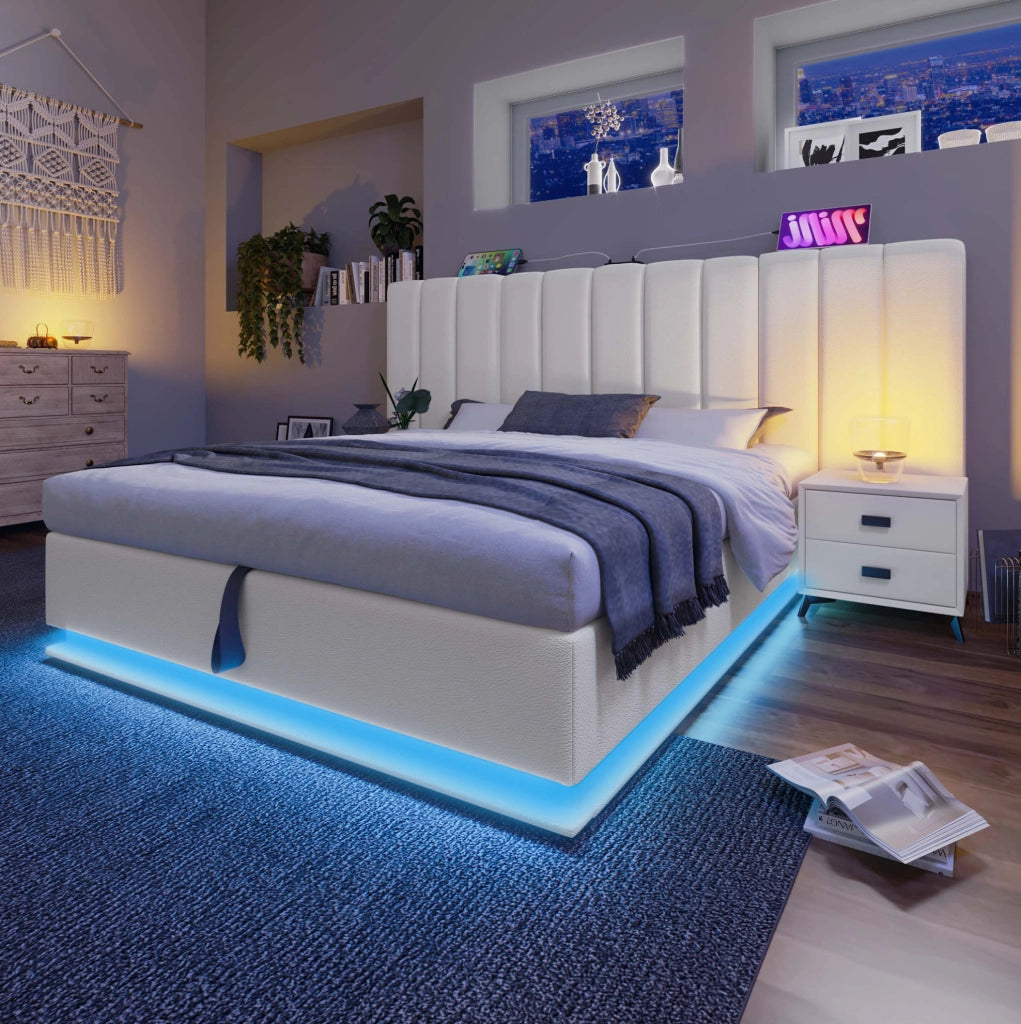 Letto contenitore matrimoniale 180x200 cm in PU bianco; LED; USB; Type-C e materasso