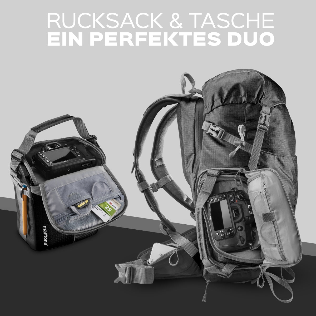 Mantona Elements Outdoor Zaino nero 2in1 per fotocamera e trekking, borsa fotografica con scomparti imbottiti per DSLR, drone, con supporto treppiede e copertura antipioggia