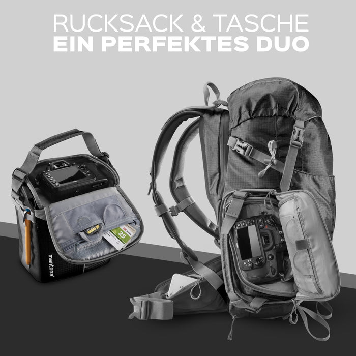 Mantona Elements Outdoor Zaino nero 2in1 per fotocamera e trekking, borsa fotografica con scomparti imbottiti per DSLR, drone, con supporto treppiede e copertura antipioggia