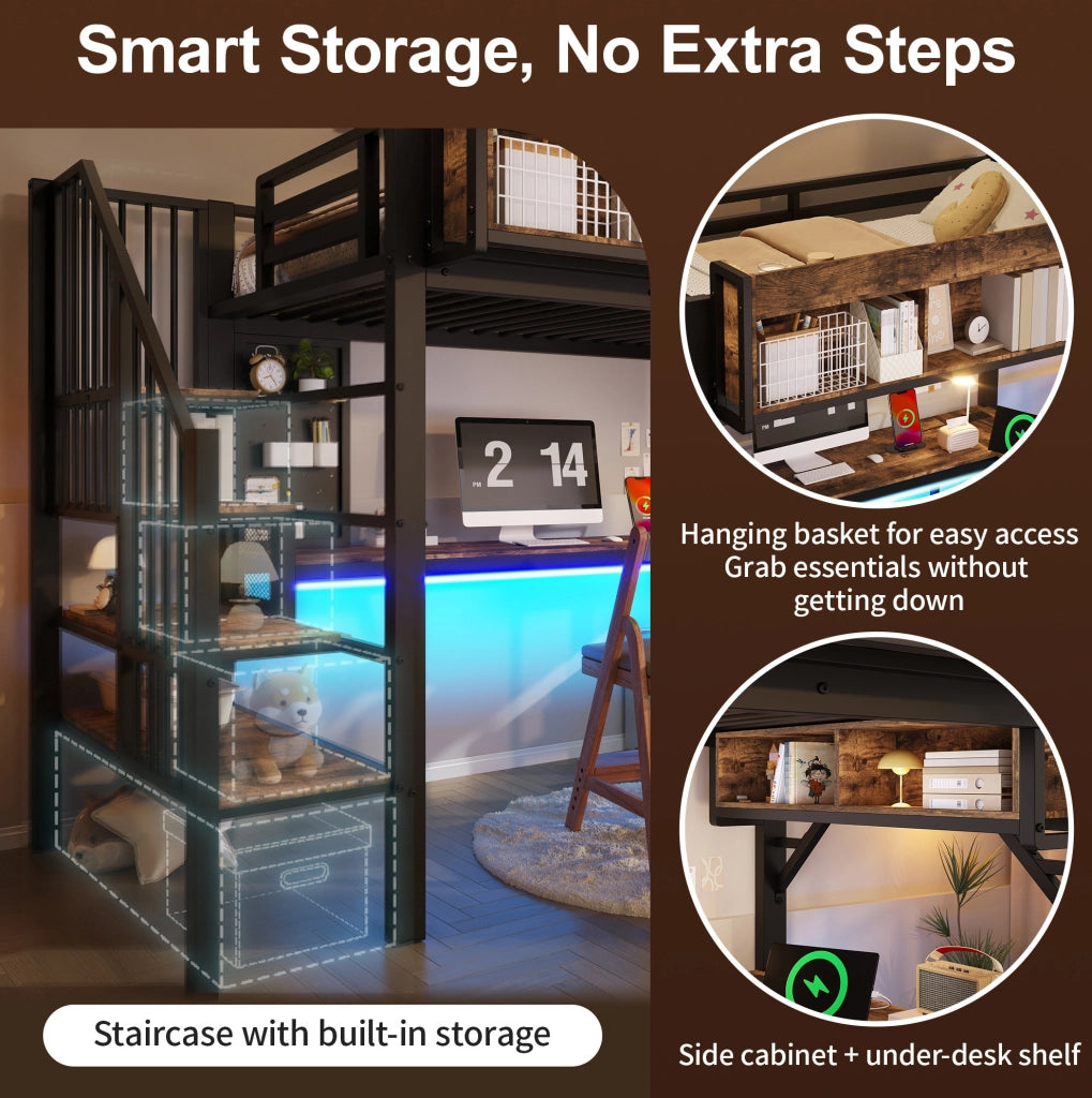Letto a soppalco ULEVR 90x200 cm con scrivania angolare, scale contenitore, LED, prese USB e Type-C