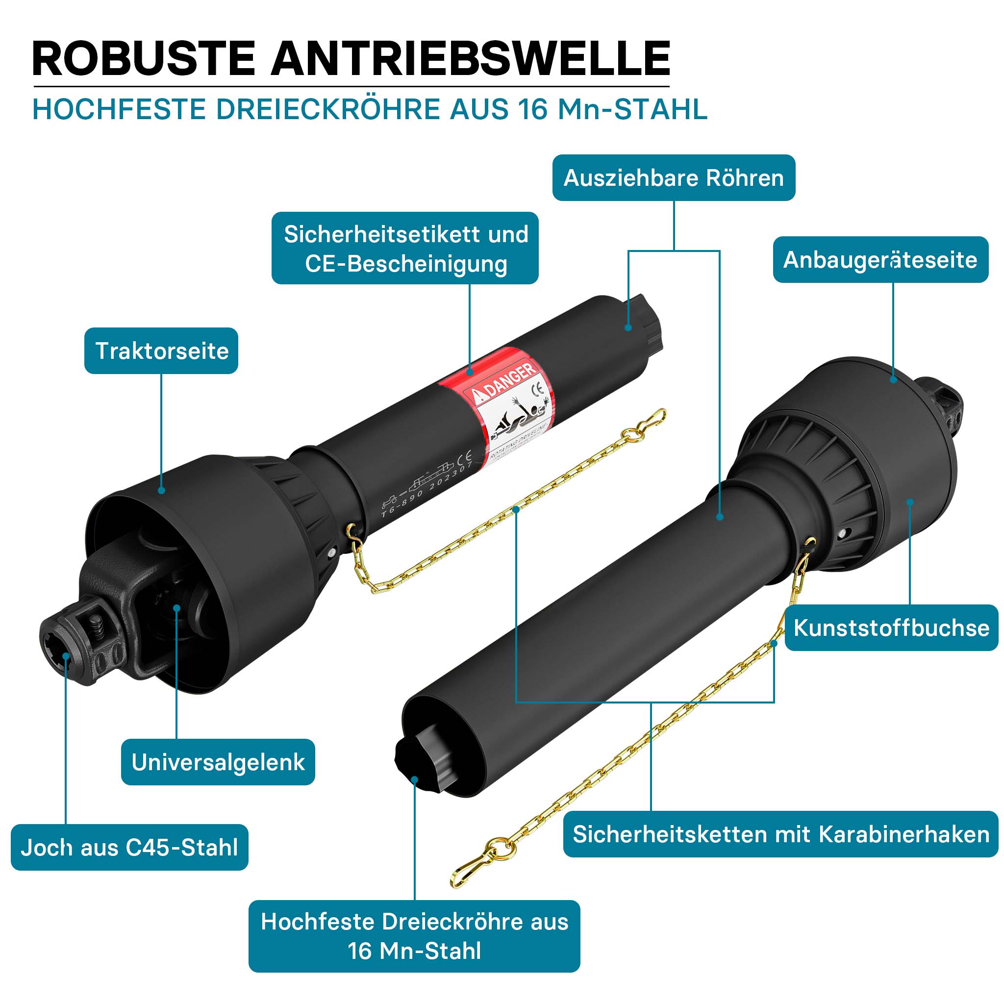 Albero cardanico T6 giunto 979mm 830Nm 540rpm, 74kW (100CV), 2x 1 3/8" 6 denti Cardano agricolo