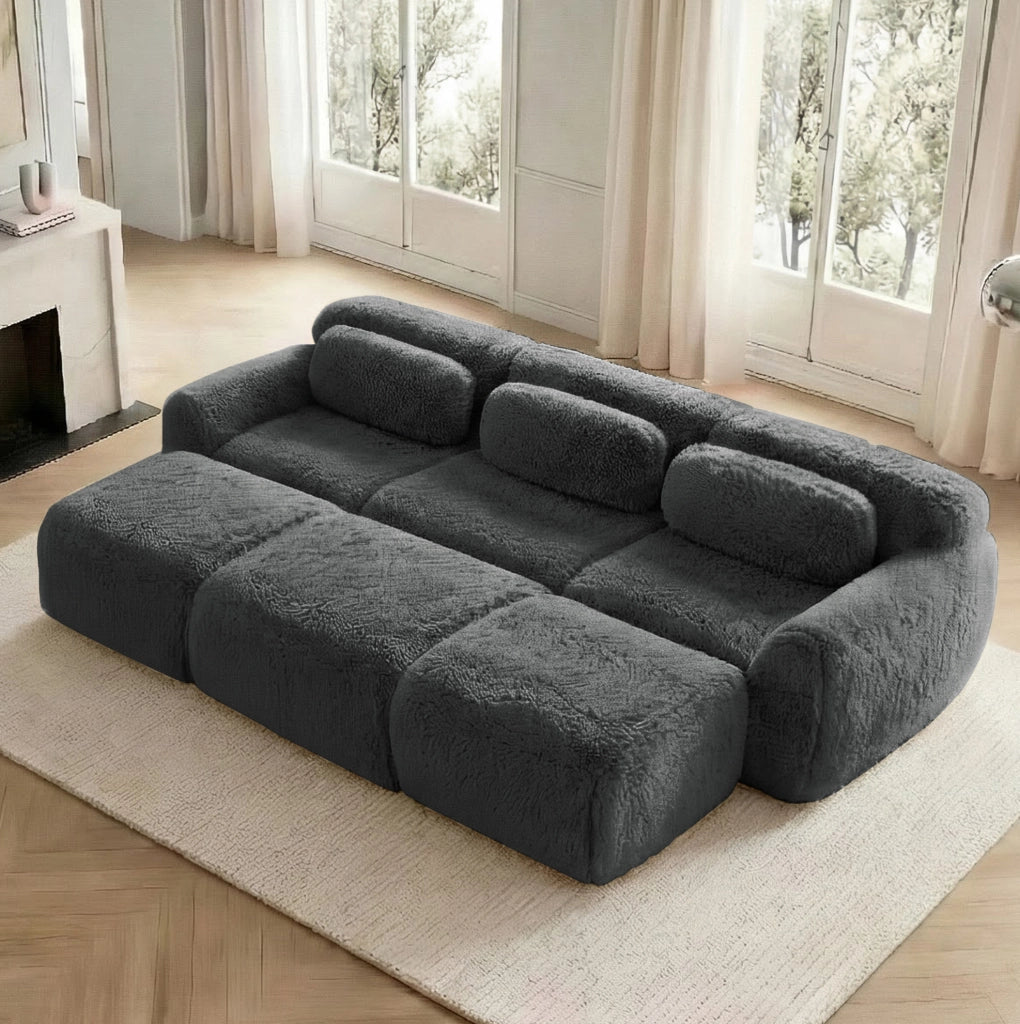 Divano modulare senza struttura in tessuto plush; 291x179x73 cm; grigio